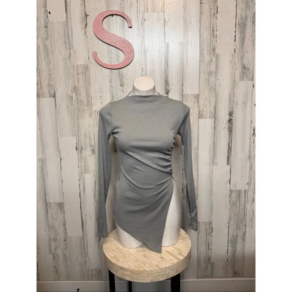Fashion Nova Gray Asymmetrical Hem Long Sleeve Top Size S